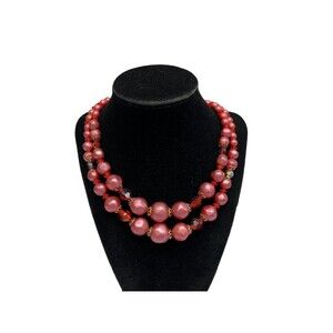 Signed ART Retro Choker Aurora Borealis Crystals Bright Red Beaded 2 Strand 18"